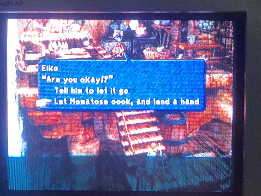 Screenshot of Final Fantasy IX with the option “Let Momatose cook, and lend a hand”