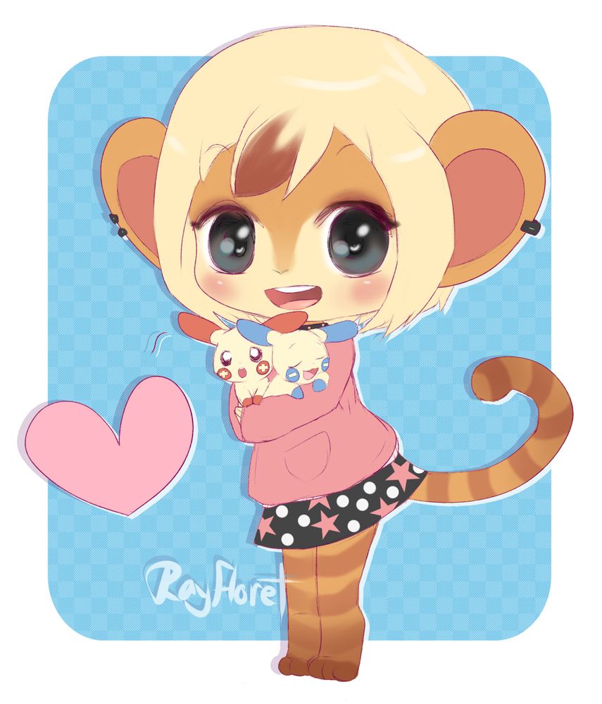 Emily the monkey holds the Pokemon, Plusle and Minun, to her as she smiles at the viewer.