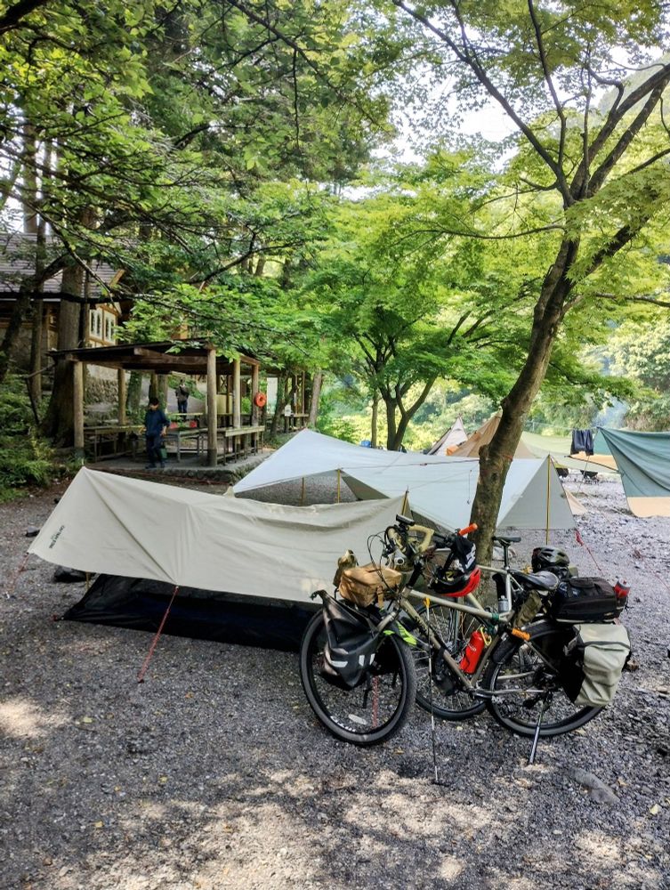 Bicycles and tarps on a campsite.