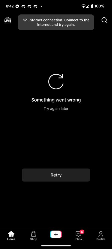 Black screen on TikTok:

No Internet connection. Connect to the Internet and try again.

Refresh symbol
Something went wrong
Try again later

Retry

