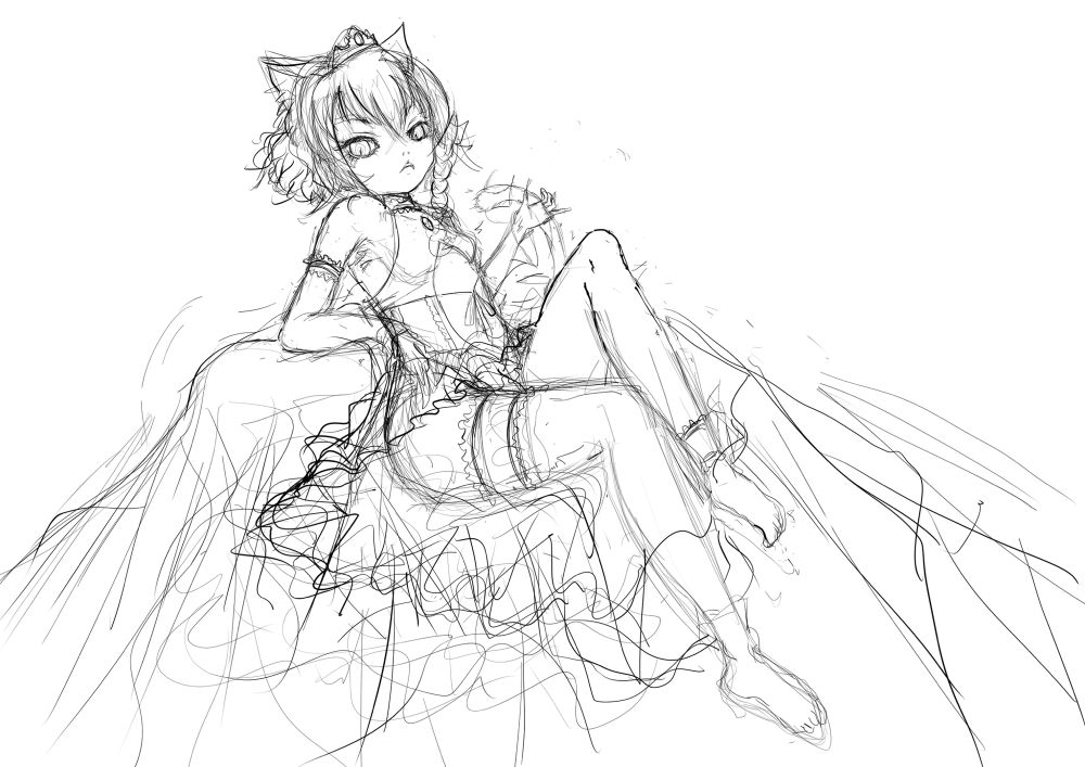 女帝ラピスラズリ
自身の愛猫、ロシアンブルーの擬人キャラクター
傍若無人なうちの猫の女帝な性格をデザインに反映
液タブを買ってすぐに描いたイラスト
まだ、線画も着色も仕上げた事もない頃に描いたラフ案
これを描いた当時はラピスラズリはまだ子猫だったため、合わせて幼い容姿となっている
顔はドールチックに、服装はゴシックを意識してデザインした