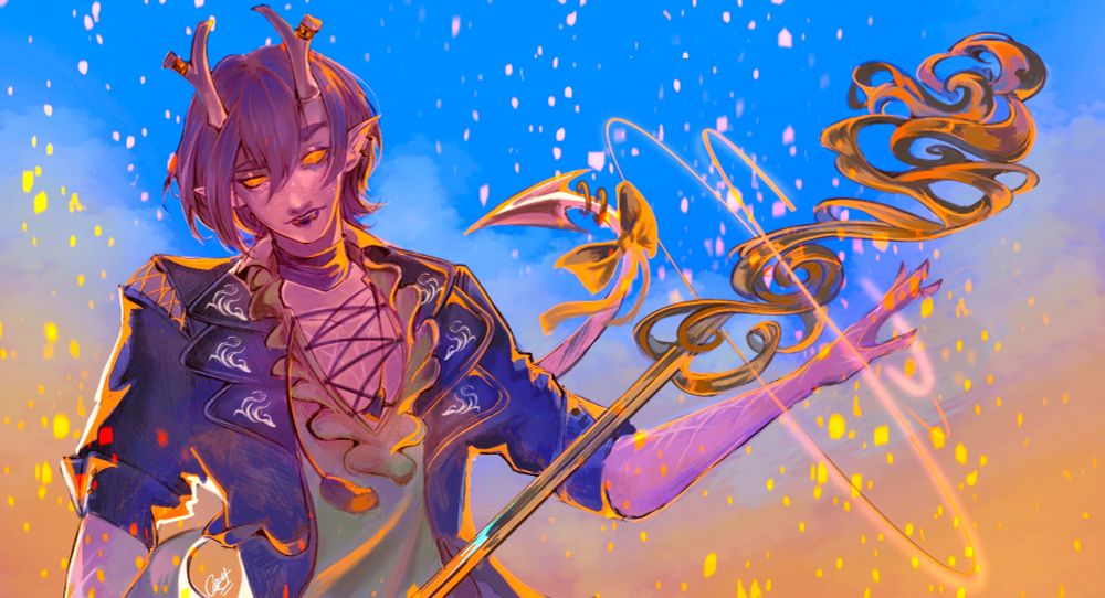 River a tiefling smirks at the viewer as they summon their rapier, the blade still uncoiling as it forms from magic