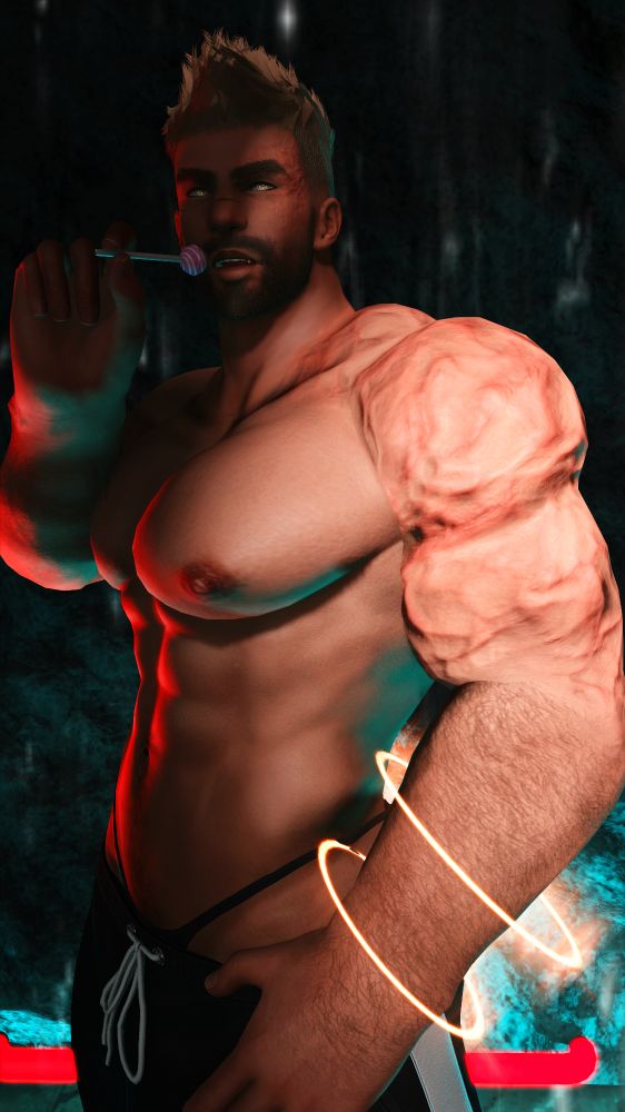 my oc asher, shirtless, about to put a lollipop in his mouth. asher is a blonde hyur highlander with burn scars on his left shoulder and on the left side of his face. he's paused mid-activity and also standing in two-tone teal/red lighting with a spot light accentuating his left side.
