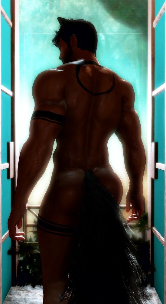 my oc diego's backside, in front of a balcony leading out onto a beach view. 