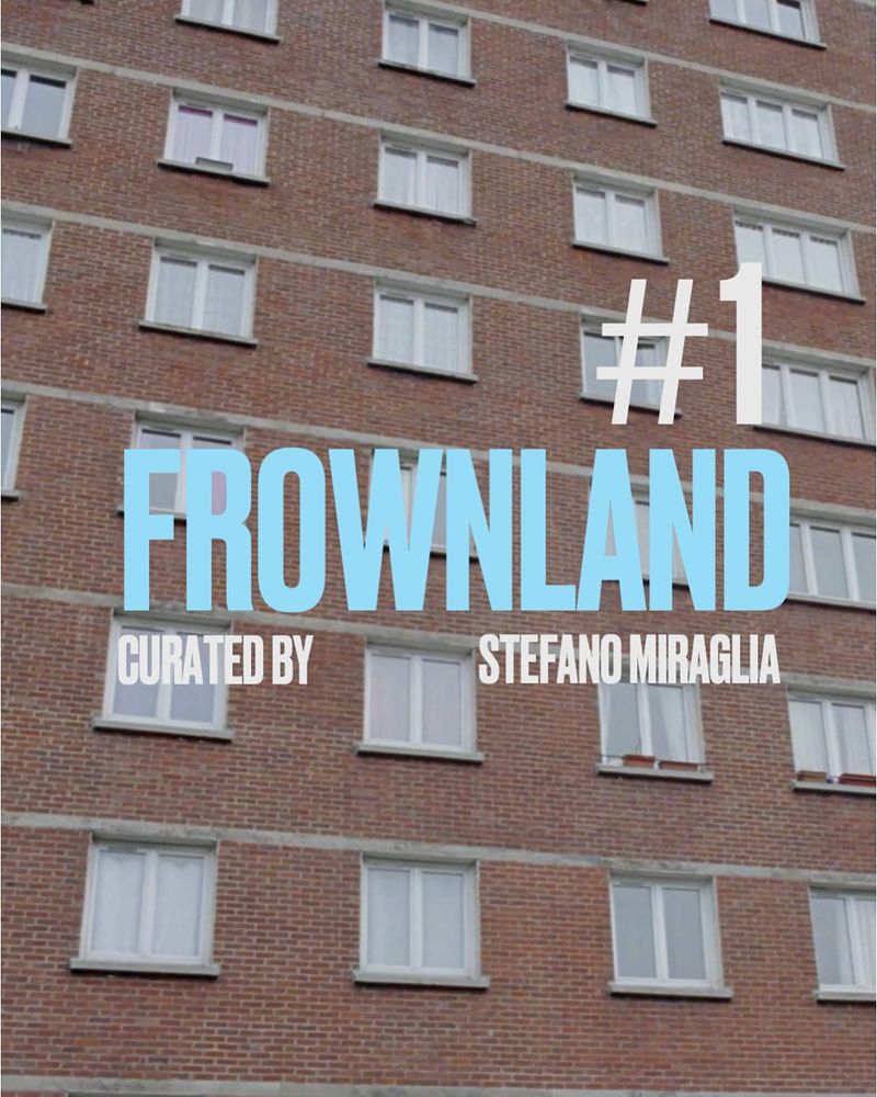 Photo of dozens of windows in a brick mid-rise apartment building with "#1 Frownland curated by Stefano Miraglia" superimposed. It's the first such program to be offered by Chute Film Coop.