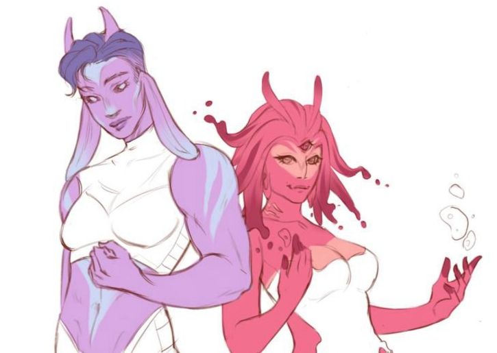 An unfinished drawing of two female aliens 