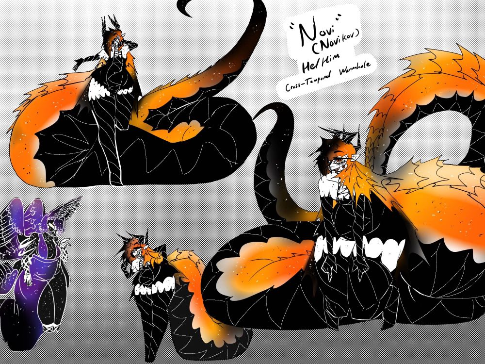 Novi (Novikov, He/Him) is a half-snake boy formed from a wormhole that crosses through both space and time. While his sister, Roche (bottom left) is a manifestation of mass and gravity, Novi is closer to representing time and energy. His body is made up of glowing virtual particles, giving him an impossibly bright skintone, while his hair and scales is/are an orange nebula full of stars. While his sister has eyes dotted across her six wings and tailfeathers, Novi seems to have a mouth running the length of his body, from his chin to the tip of his tail. While his sister has half of her face covered by a blindfold, Novi's is half covered by a mask. 