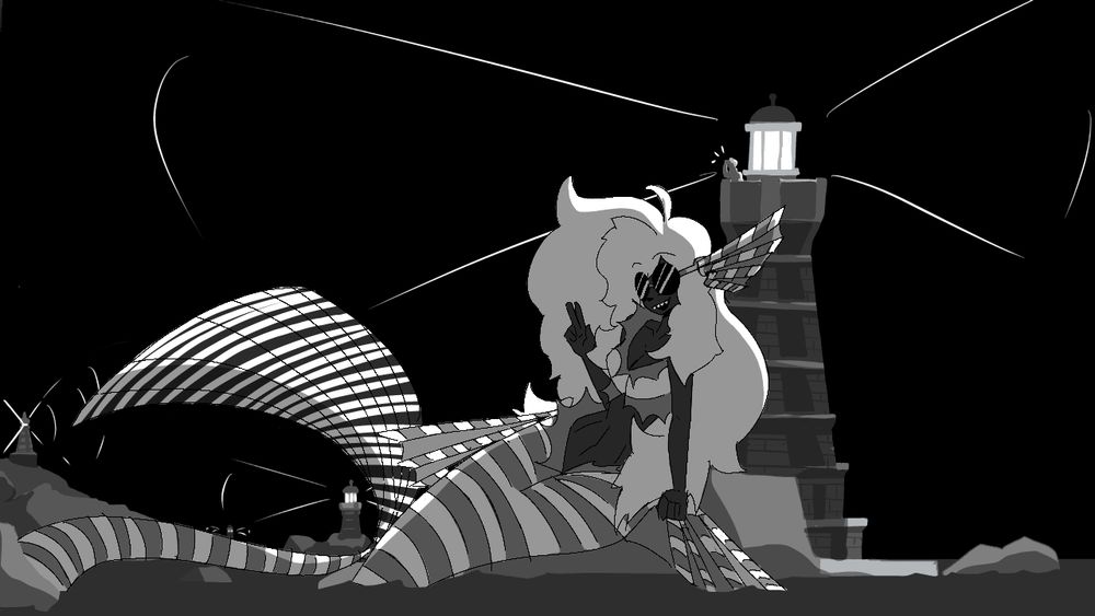A giant lionfish mermaid reclines against a lighthouse, giving the user a peace sign while the lighthouse’s tender looks on in dismay.