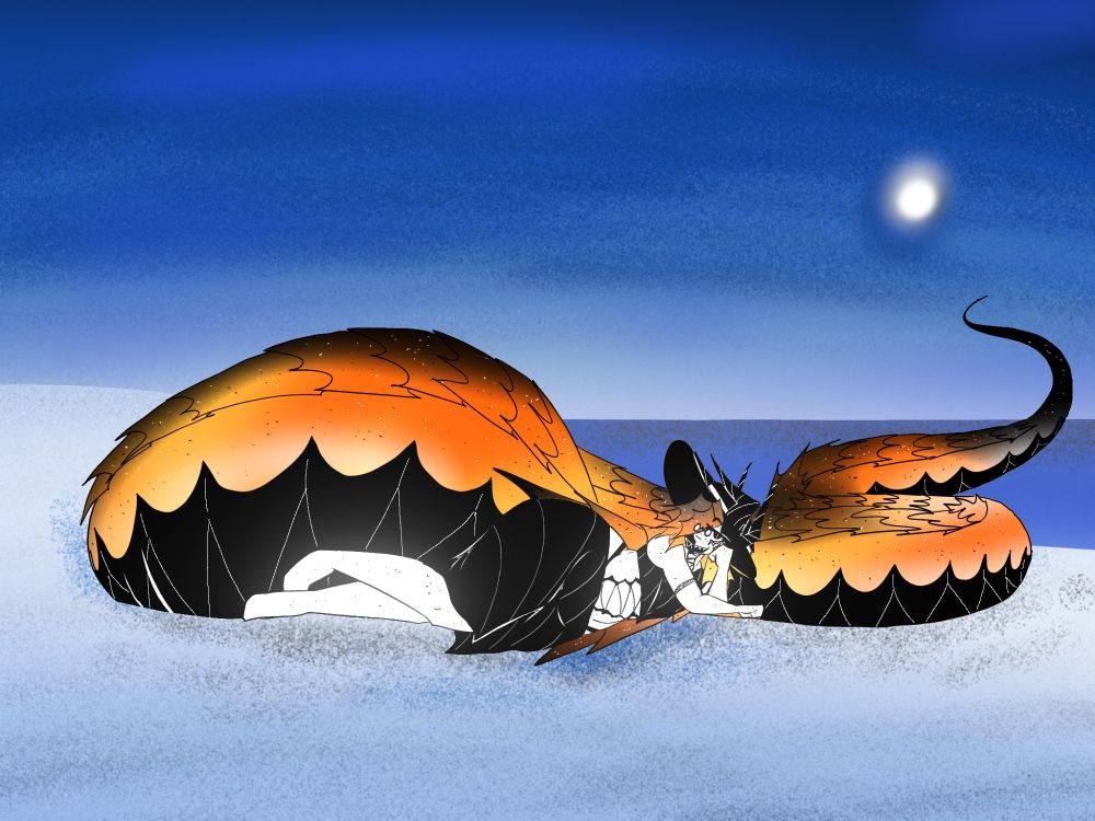 A snake-like boy with a truly enormous tail leans on a patch of ice, dressed in dark beachwear. Cold-looking water and a distant sun loom on the horizon.