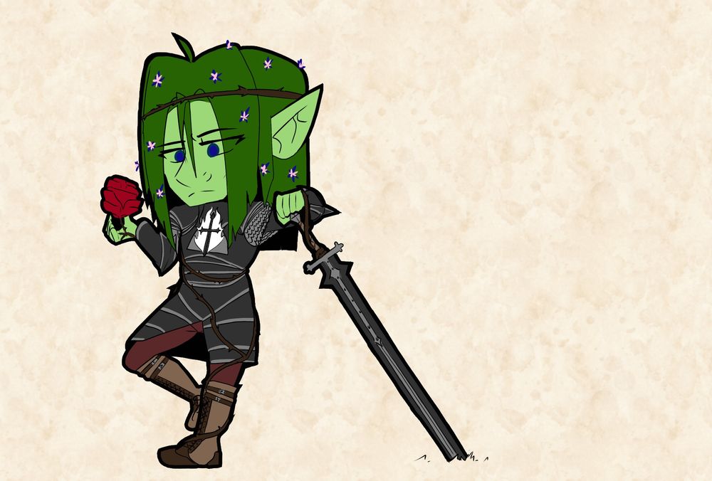 A green Elvish man in dark plate armor rests on a Zweihander, looking wistfully at a rose in his palm.