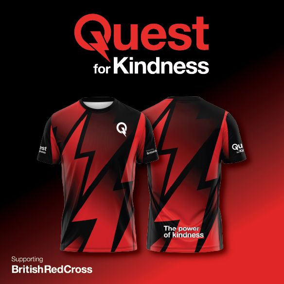 A graphic showing the Quest for Kindness logo and the new shirt merchandise fundraisers can earn during Quest for Kindness.