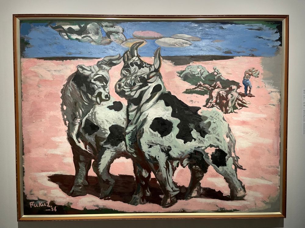 福沢一郎「牛」ピンクの大地にはりぼての牛が二頭佇む。満州旅行後の作品。