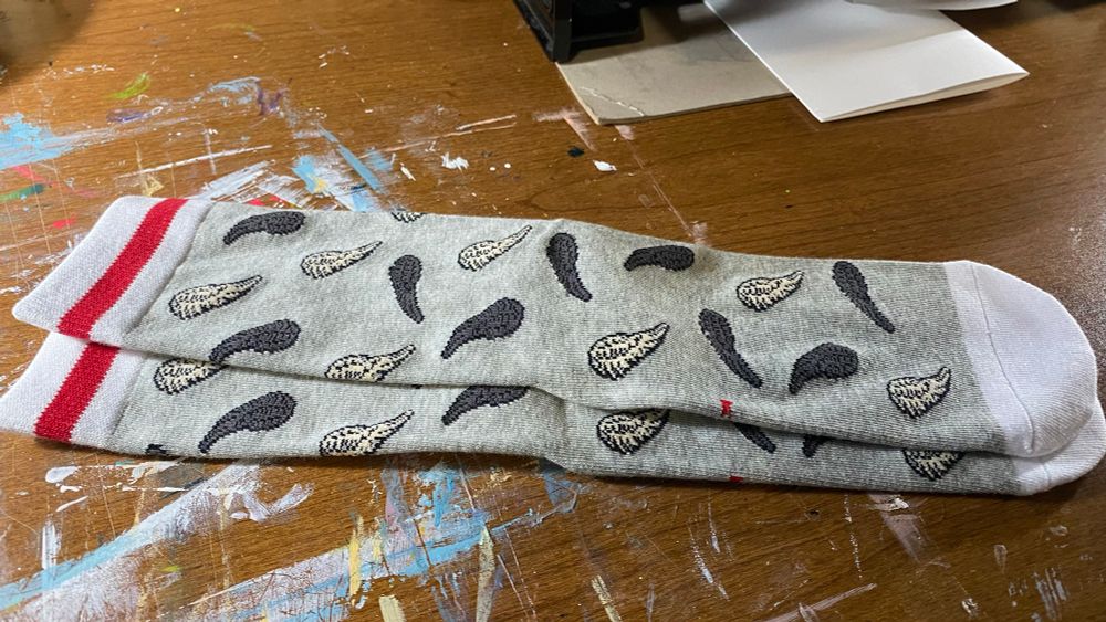 Pair of grey socks with angel and demon wings printed on them 