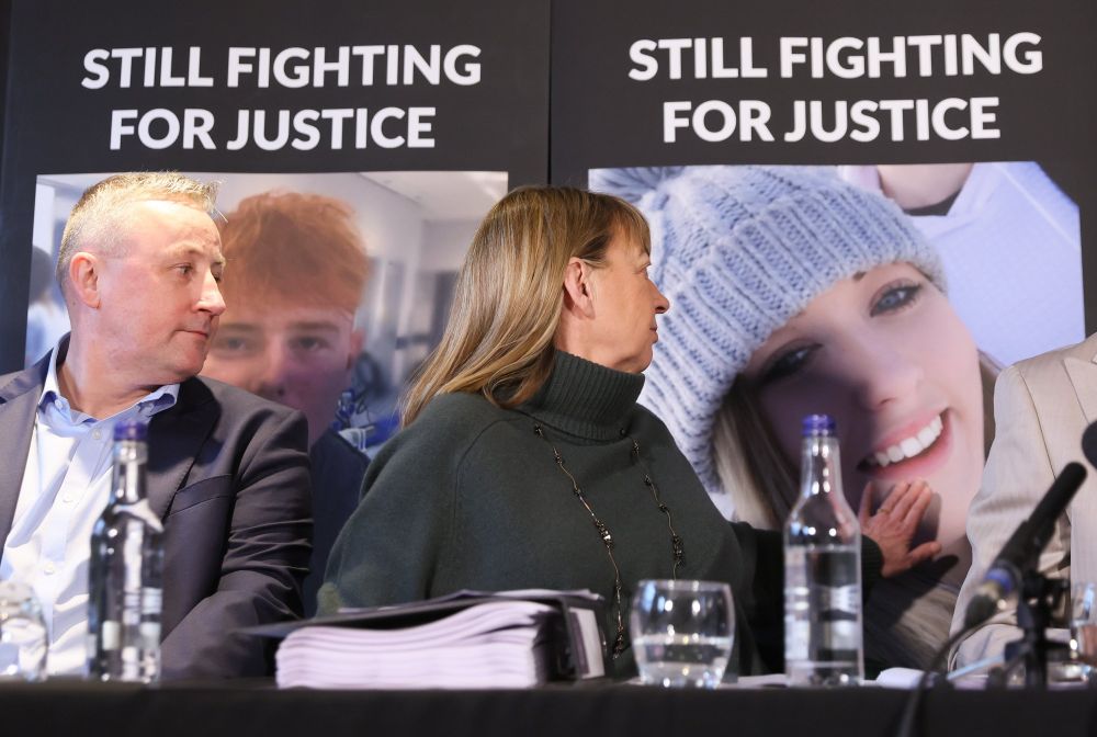 Linda Allan, the mother of Katie Allan touches a photograph of her daughter as her husband Stuart looks on at a press conference at the Kimpton Blythswood Square hotel Glasgow regarding the decision into the joint Fatal Accident Inquiry into the deaths of both Katie Allan and William Lindsay who both took their own lives in 2018 at Polmont Young Offender’s Institution.
Photograph by Colin Mearns for The Herald & Times Group Friday 17th January 2025