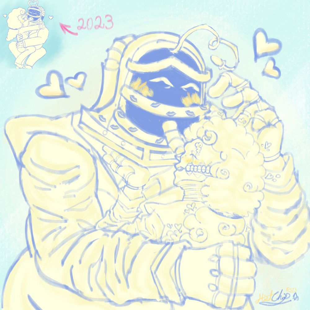 A doodle of Mary and Misty close together - with Misty holding Mary’s head while giving her kisses, and Mary helmet covered with kiss marks from Misty. Both of them having a joyful expression with yellow blushes across their faces, and hearts coming out from them. 

An old doodle shared from 2023 to compare to a recent one. 