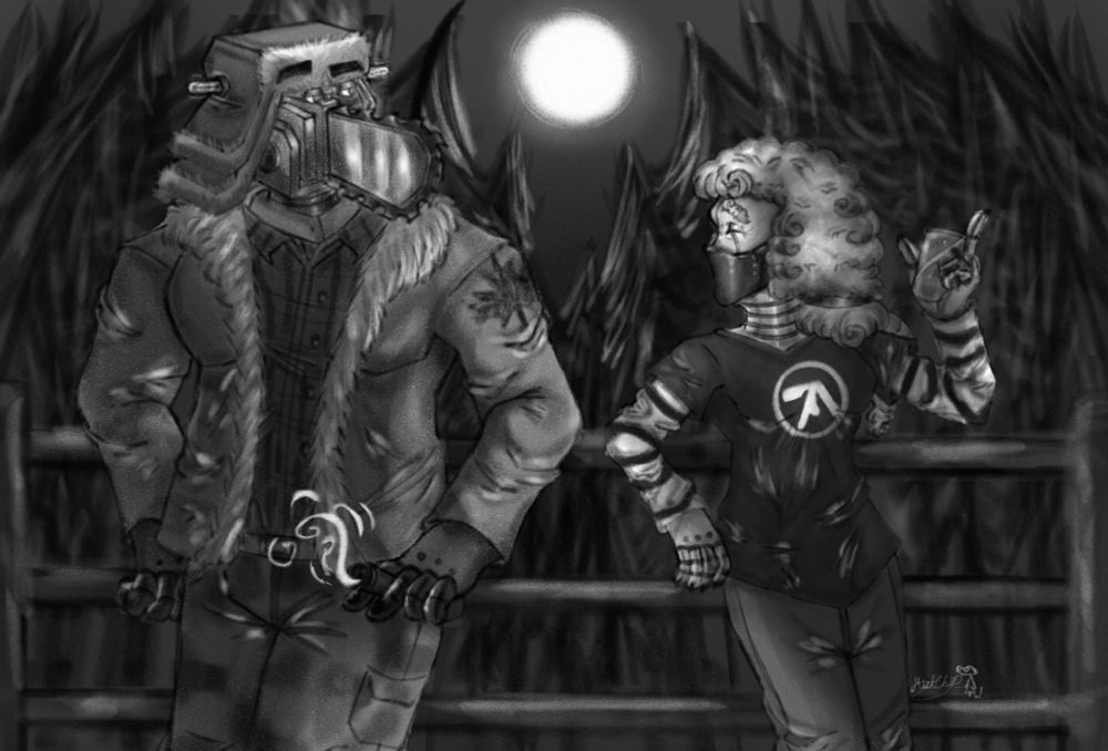 A grayscale drawing of Chip and Misty together on the forest - late at night. 

Note: I’ve been struggling with writing down alt text to an artwork recently, so - I apologize for the lack of text there is. 🙏