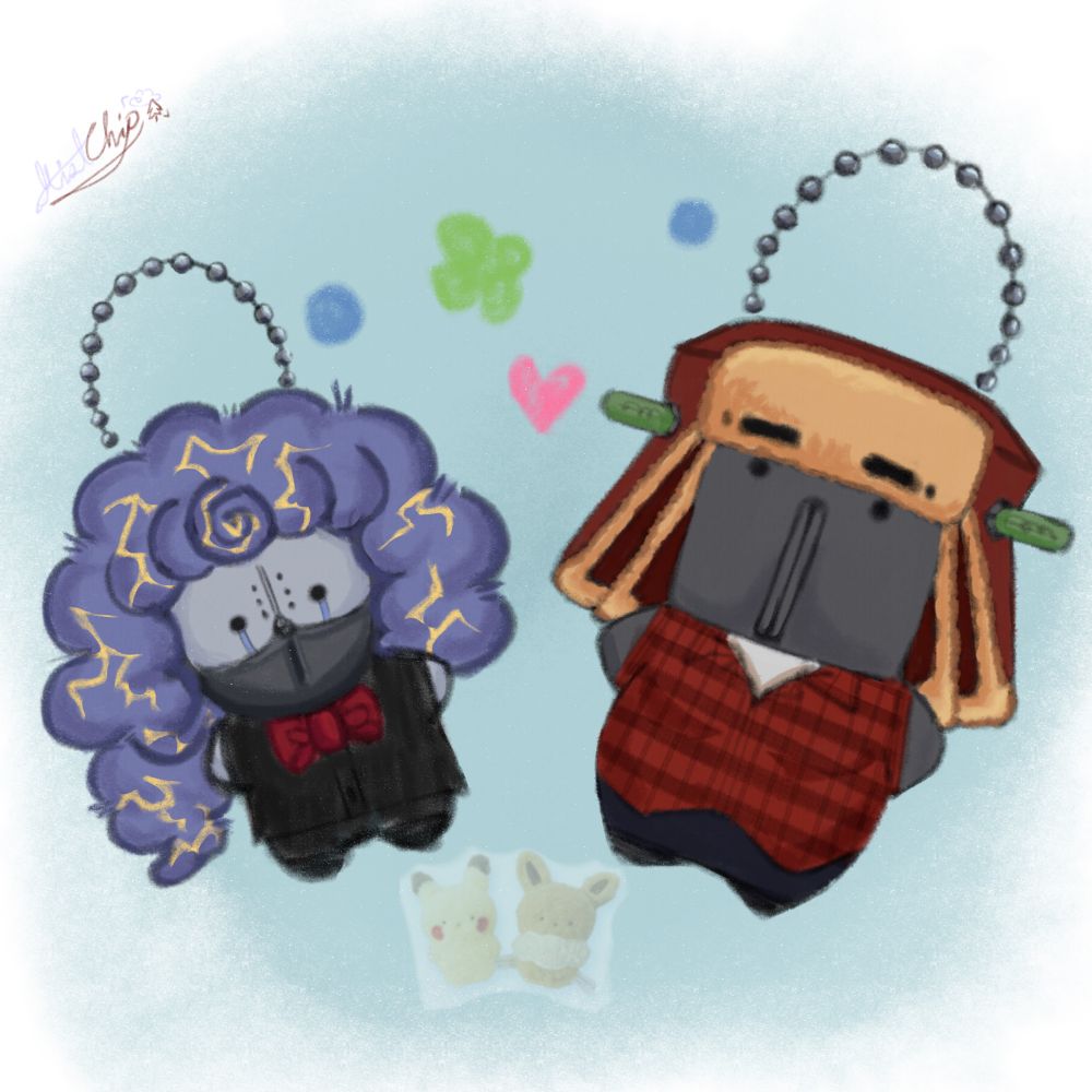A doodle of two keychains plushie of Misty in her raincoat, and Chip in his Halloween costume. Both of them have dotted eyes, and a round body with their little hands sticking out. 

The background is filled in with a light saturated blue, and small decoration with blue circles, a clover, and a pink heart.

A small picture of Pikachu and Eevee can be seen on the bottom of the screen: an inspiration behind the doodle. 