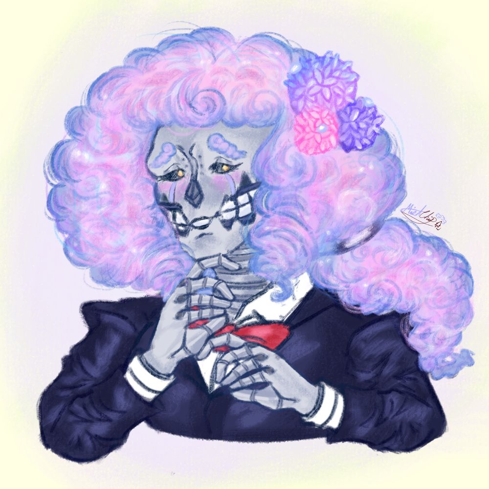 A doodle of without her mask; exposing her scar face, looking to the side with a smiley expression - with hints on purple blush across her face. Her cloud hair slowly begins to transform to a pink cloud, with different color of hydrangea flower: blue, pink, and purple.