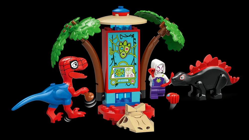 An image of Lego set 1200 Spidey and Gobby's Raptor Battle at Tree House. It features Spider-Man as a Raptor, Miles Morales as a Stegosaurus and a map with some trees.