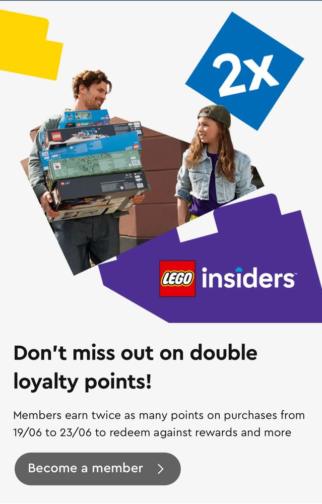 Screenshot of the Lego website, showing the details of the Insiders double points weekend.