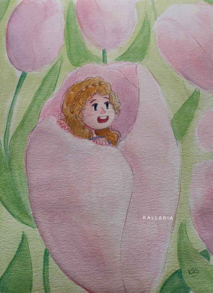 Aquarelle représentant poucelina (une toute petite princesse) qui se cache dans une tulipe. 