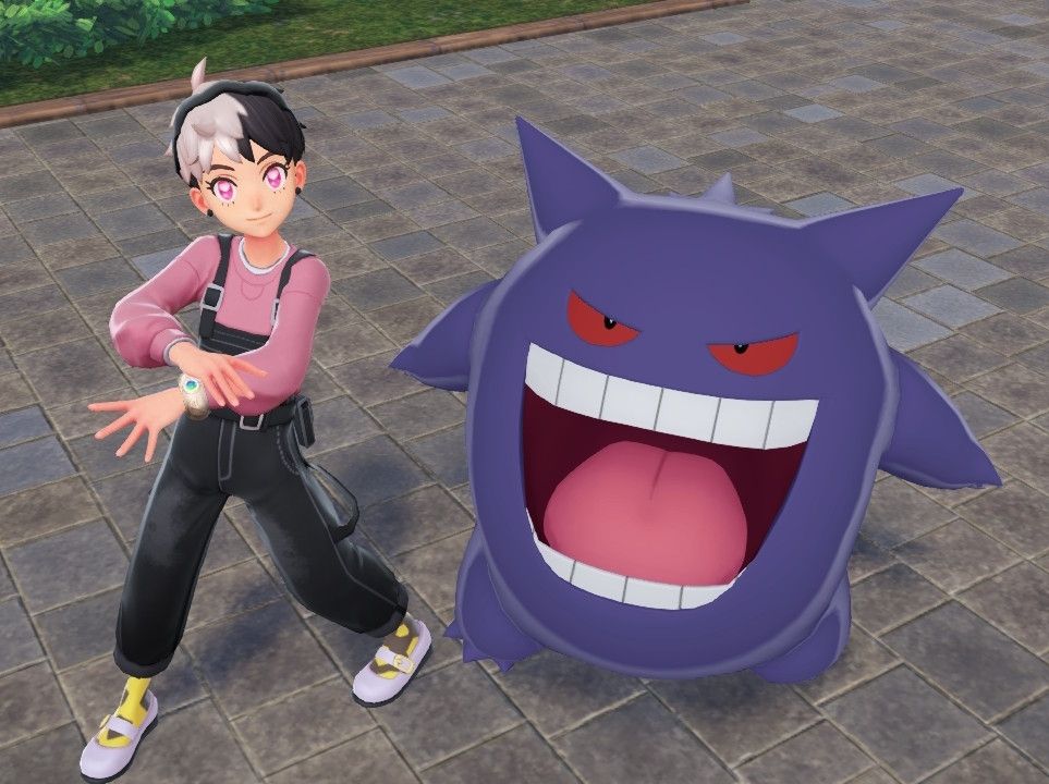 An image from the game Pokemon ZA of a girl and the purple Pokemon Gengar