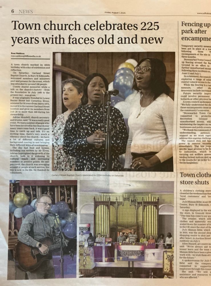Newspaper coverage of the 225th anniversary of a Bury Baptist Church.