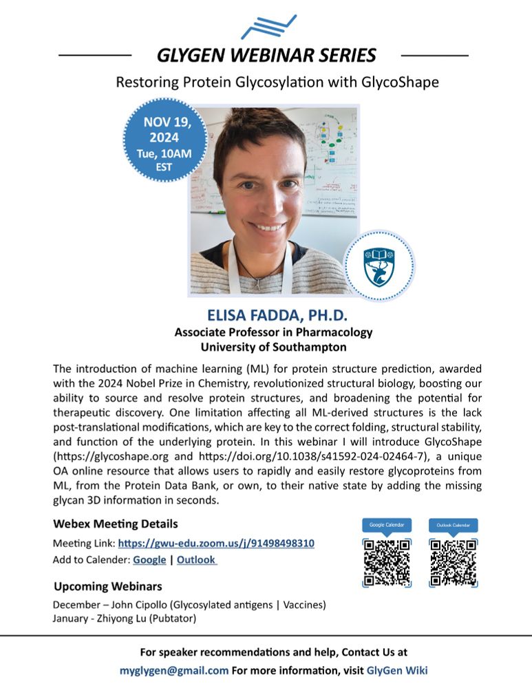 Flyer for the next GlycoGen Webinar with abstract, links and QR codes for attendance