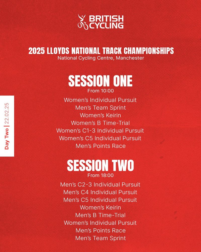 Competition schedule for day two:

SESSION ONE, From 10:00
Women's Individual Pursuit
Men's Team Sprint
Women's Keirin
Women's B Time-Trial
Women's C1-3 Individual Pursuit
Women's C5 Individual Pursuit
Men's Points Race

SESSION TWO, From 18:00
Men's C2-3 Individual Pursuit
Men's C4 Individual Pursuit
Men's C5 Individual Pursuit
Women's Keirin
Men's B Time-Trial
Women's Individual Pursuit
Men's Points Race
Men's Team Sprint