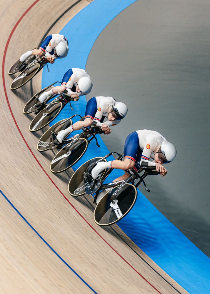 Four of the GB mens team pursuit on velodrome track