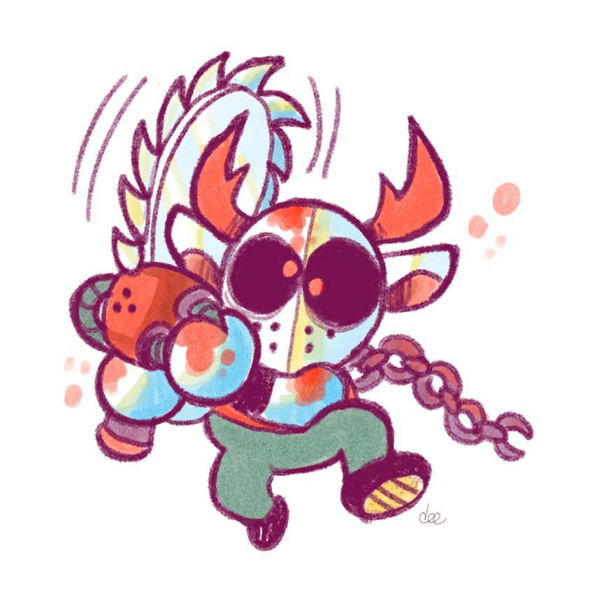 Cartoonish anthro deer cosplaying a bloody Jason and wielding a chainsaw.