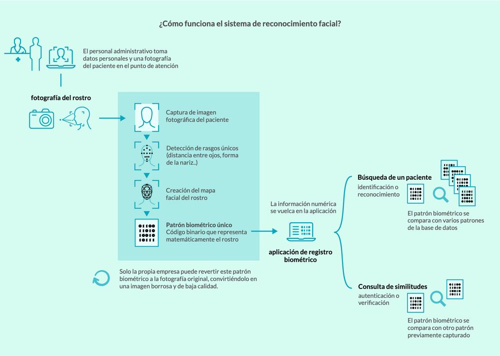 Visualización que muestra el proceso por el que tu cara se convierte en una serie de datos que se pueden usar para identificarte. 