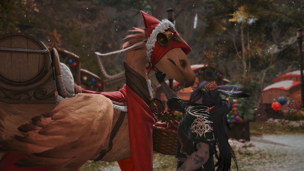 The same scene from the previous image at a different angle, emphasising the fond gaze shared between the chocobo and Sawain.