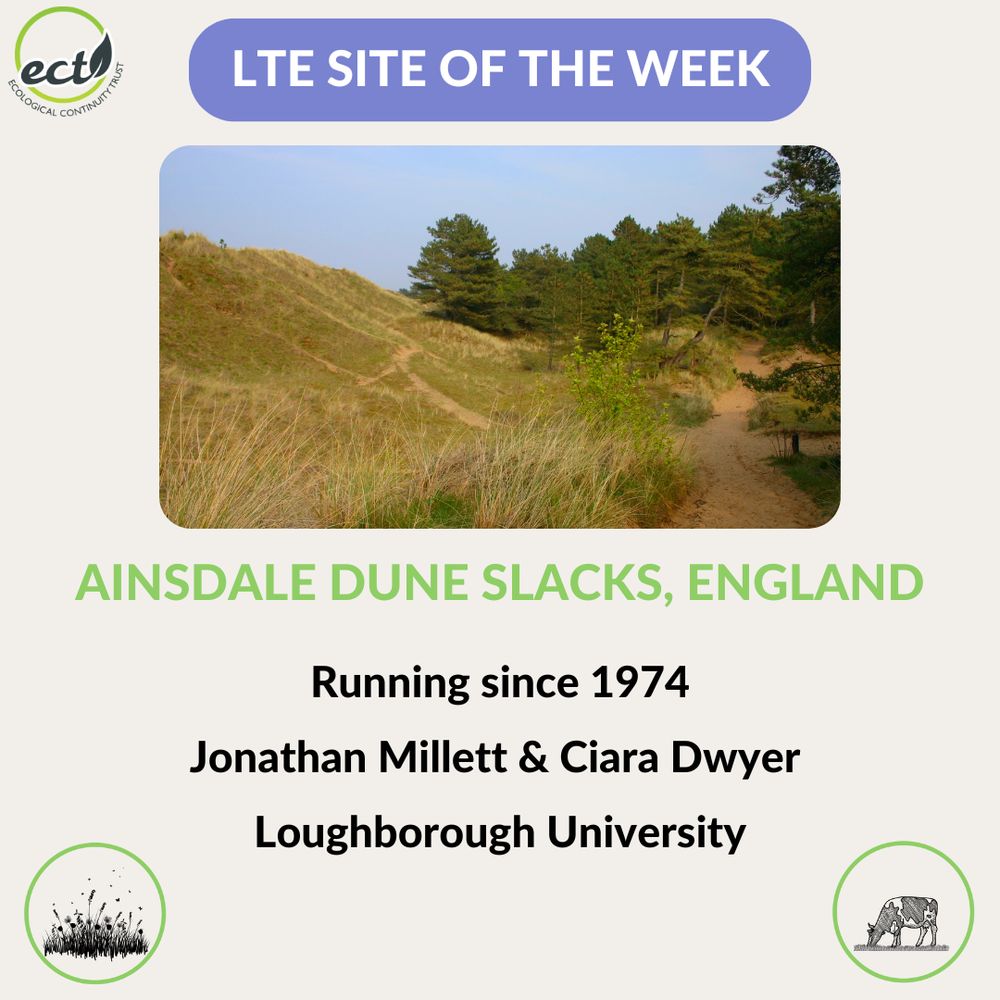 Text: LTE Site of the Week. Photo of grassland dunes with trees on the right-hand side. Text: Running since 1974. Jonathan Millett and Ciara Dwyer, Loughborough University. Icons for grassland and grazing. 