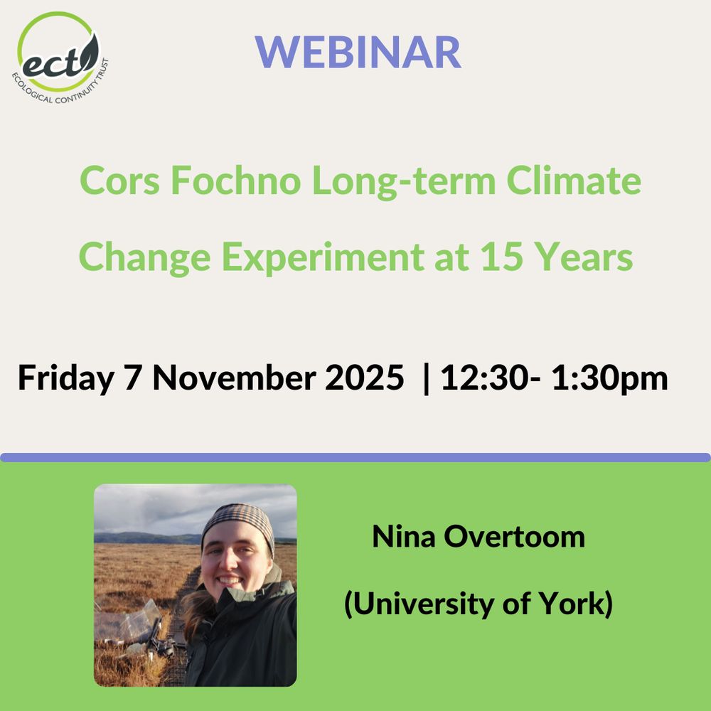 Text: Webinar Cors Fochno Long-term Climate Change Experiment at 15 Years. 7 November 2025 12.30-1.30pm. Photo of a white woman wearing a hat smiling at the camera as she takes a selfie of herself in front of equipment. 
Text underneath: Nina Overtoom, University of York. 
