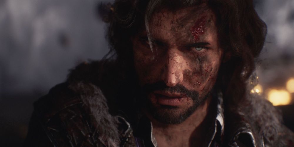 Verso, from Expedition 33. He is a man with a heavy scar over his left eye, dirt on his face, and a beard. His hair, slightly salt and peppered, can be seen near the top of the screen. He has a fur covered coat on