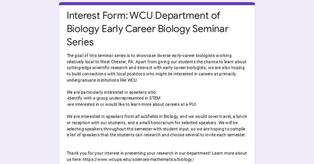 Interest Form: WCU Department of Biology Early Career Biology Seminar Series