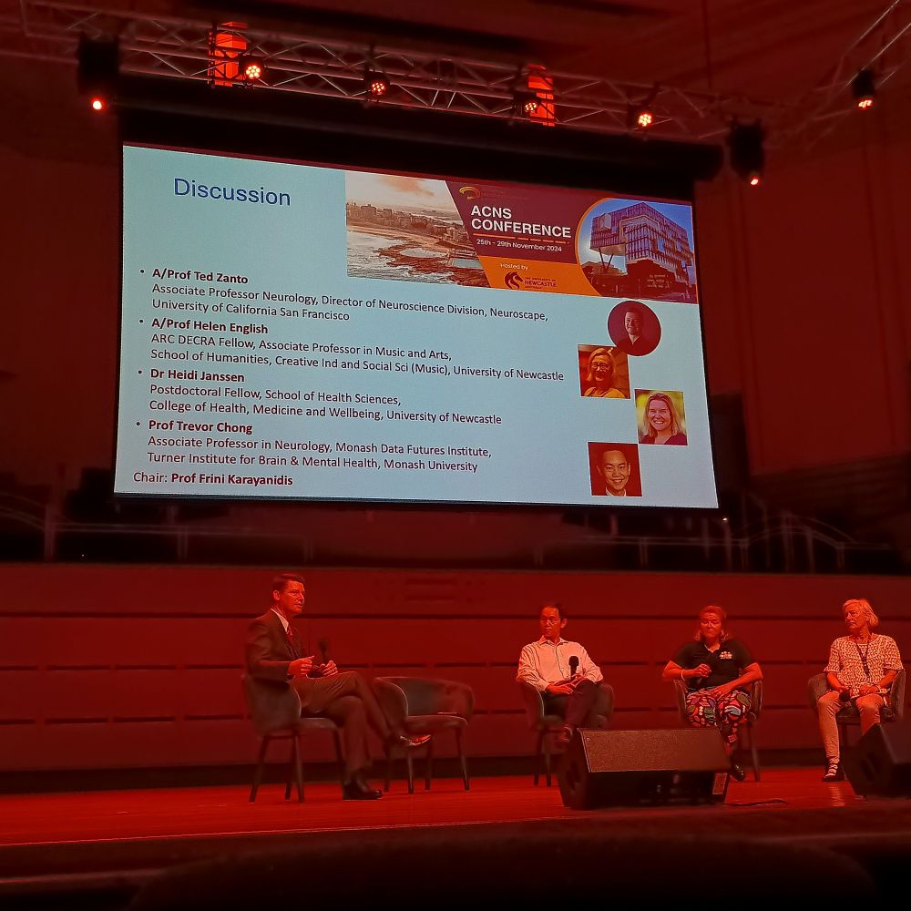 Picture of the Neuroplasticity panel of speakers on the stage at the Newcastle Conservatorium of Music