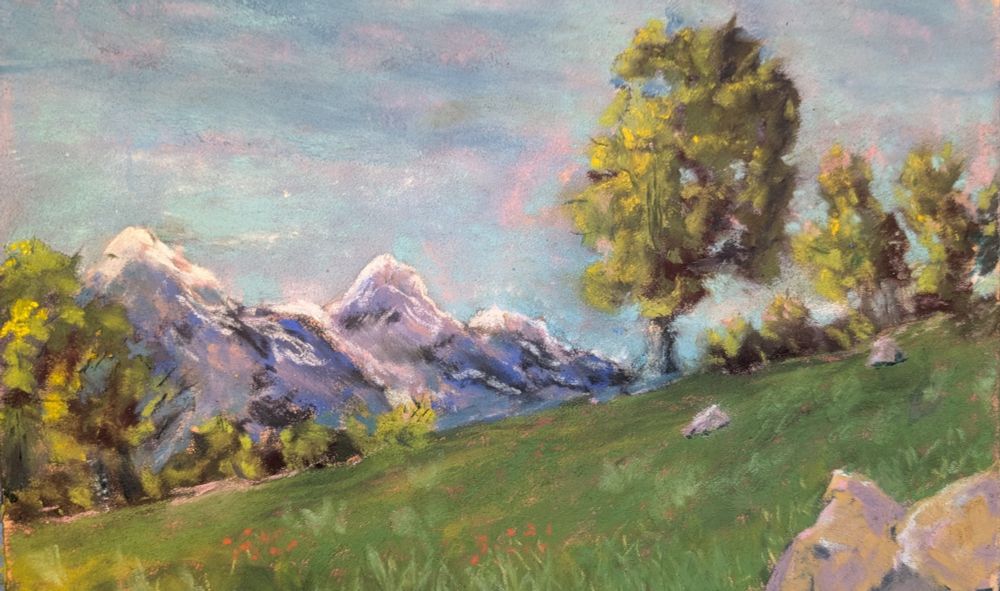 View of Grand Teton in Wyoming. Pastel painting in an impressionistic style with trees and a field with beautiful blues, greens and a pinkish blue sky