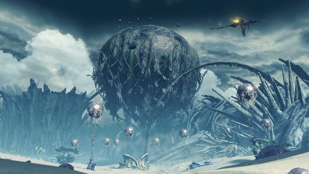 Sylvalum from Xenoblade X. The focus is a large, alien-appearing dark blue sphere over a sprawling, sandy white environment.