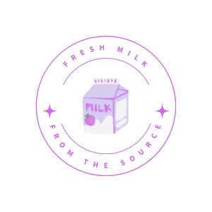 Round stamp in a light purple with text reading fresh milk from the source and a cartoon milk carton in the center, also in purple