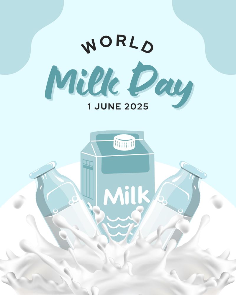 Carton Picture of a milk carton and two milk bottles with the words world milk day June 1, 2025