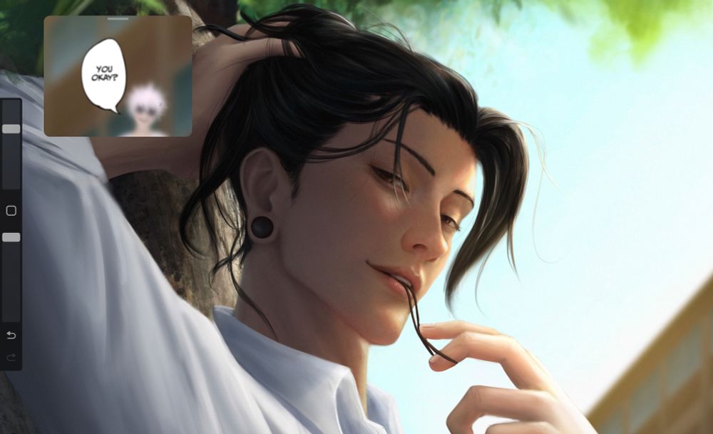 Suguru Geto from Jujutsu Kaisen, (it’s their college times) Suguru ties his hair, but actually he is flirting and is look at you (hehehe) he is holding his hair tie with one hand and another is in his hair, there is also a mini screen with super mini Gojo (he is in the background) he asks if Suguru is ok, don’t worry he is ok!