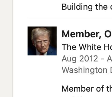 A tight crop of a LinkedIn profile, only allowing fragments of words to be read (part of "The White House" and part of "Washington DC"), showing a square photo of an angry-looking Donald Trump.