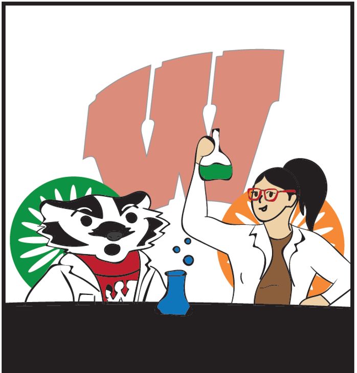 Cartoon by Dr. Jaye Gardiner (@jayeperview.bsky.social, @jkxcomics.bsky.social). Edna and Bucky wearing lab coats and staring at brightly colored flasks. In the background is the UW-Madison "W" logo and the university's well loved terrace chairs.