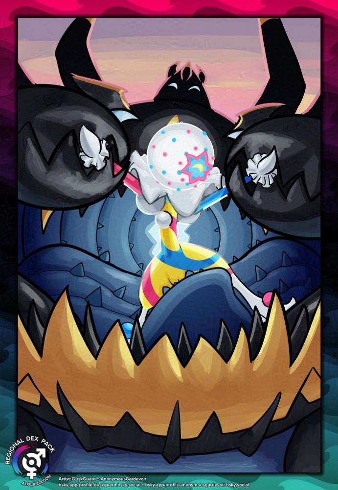 Guzzlord's pincers holds Blacephalon by the arms as its large spiky tongue grinds on the clown's crotch