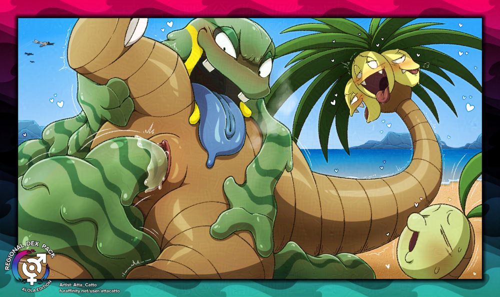 Alolan Grimer fucks Alolan Exeggutor in the pussy with a grimy penis on a beach