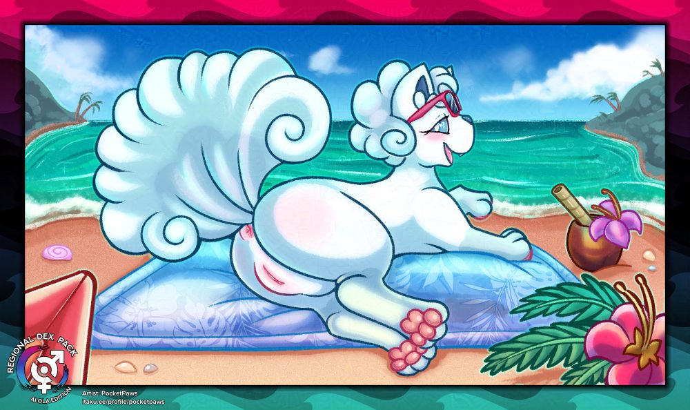 Alolan Vulpix wearing sunglasses lays on a beach towel with her rump on full display, a coconut drink beside her. The background is a beach looking out to sea.