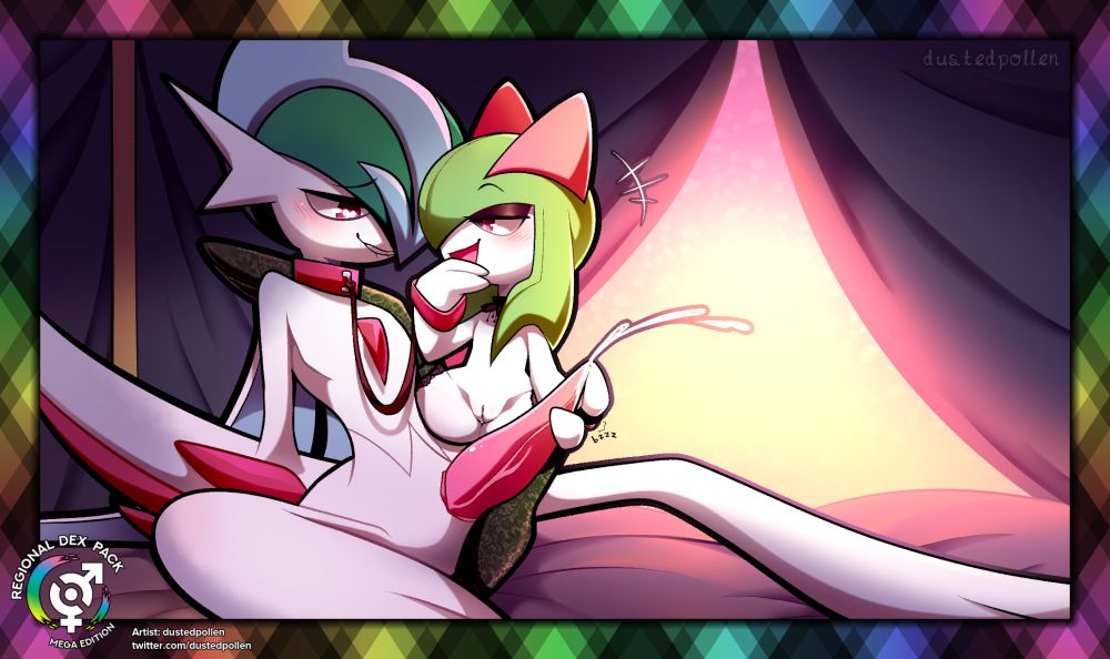 A female Kirlia gives a male Mega Gallade a handjob, laughing playfully at his bashfulness. He is wearing a collar held by the Kirlia. They are on a bed surrounded by curtains. 