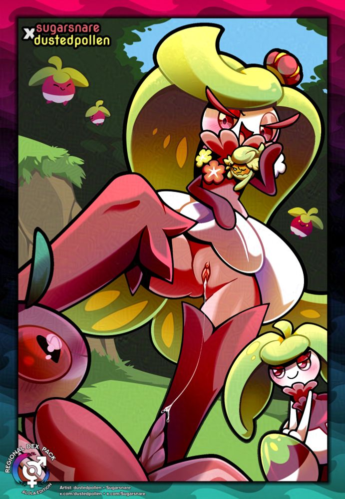 Tsareena stands tall over a Lurantis, a string of cum connecting Tsareena's pussy to Lurantis' penis. Bounsweet and Steenee look on. The Tsareena also has a Comfey around her neck.
